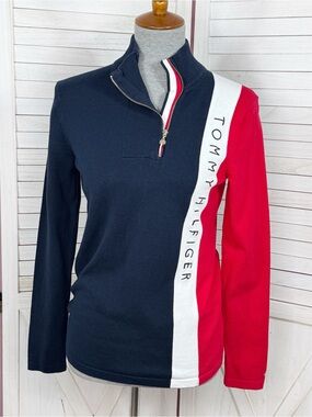 Tommy Hilfiger Quarter Zip Mock Neck Colorblock Logo Sweater Size Small Preppy